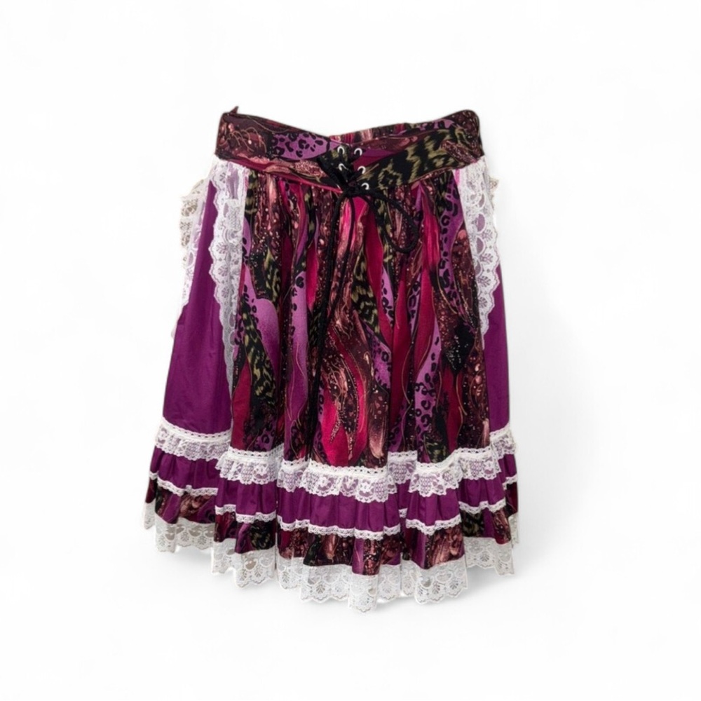 Chic Purple Patterned Midi Skirt with Lace Trim